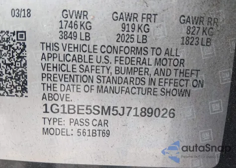 2018 Chevrolet Cruze Lt Auto z USA, uszkodzony, nr VIN 1G1BE5SM5J7189026